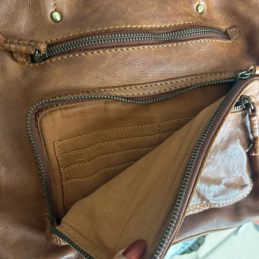 Genuine Leather Cognac Brown Shoulder Tote Bag 2 Front Zipper